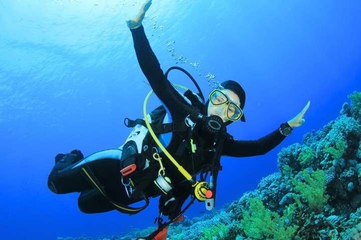 Scuba diver underwater near coral reef, wearing full gear and gesturing with arms.