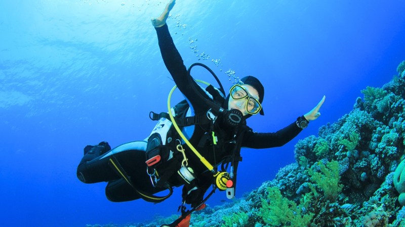 Scuba diver underwater near coral reef, wearing full gear and gesturing with arms.