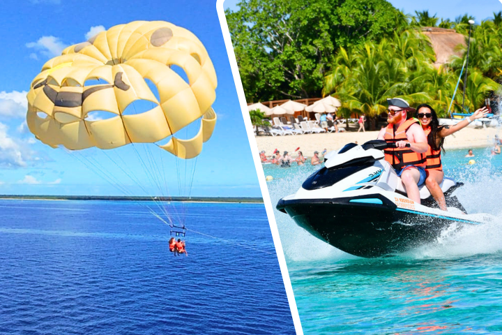 Split image: Parasailing on left, jet skiing on turquoise water on right.