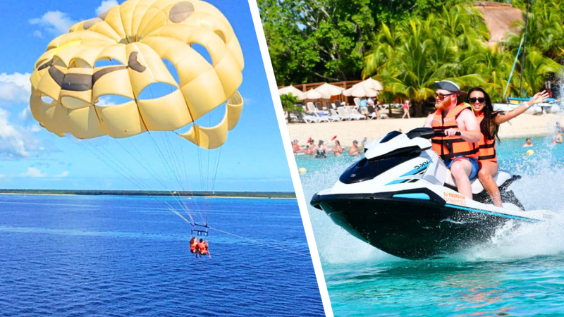 Split image: Parasailing on left, jet skiing on turquoise water on right.