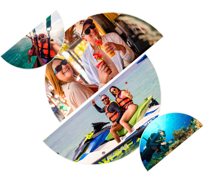 Collage of vacation activities: parasailing, dining, jet skiing, and scuba diving.