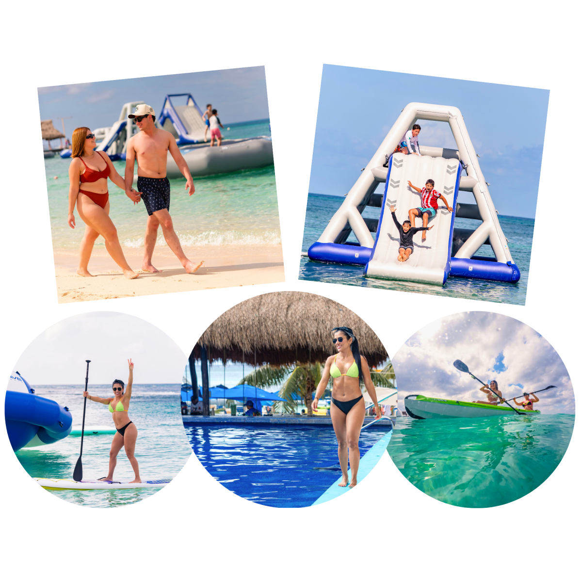 Collage of beach activities: walking, inflatable slide, paddleboarding, swimming, and kayaking.